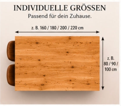 Esstisch aus massiver Wurmeiche mit schwarzem Metallgestell