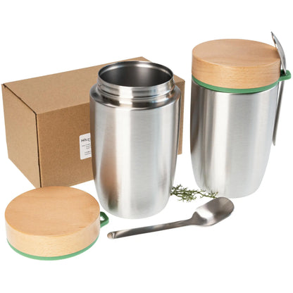 Edelstahl Lunchbox doppelwandig isoliert 0,5 l mit FSC® Holzdeckel und Löffel