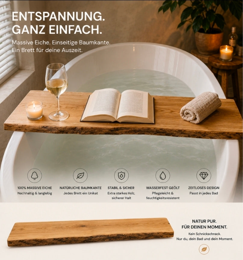 Badewannenbrett aus massiver Eiche mit Baumkante