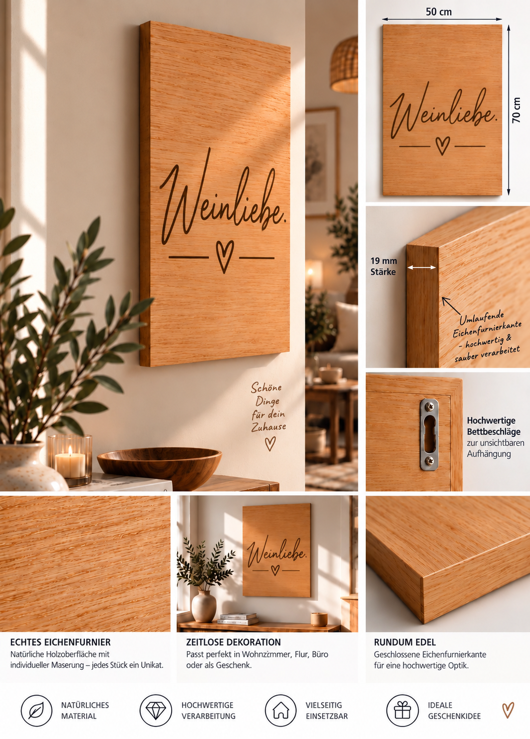 Wandbild aus Eichenfurnier – 50 × 70 cm | Lasergravur #Weinliebe