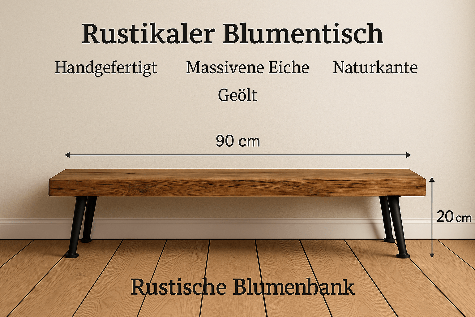 Rustikale Blumenbank aus massiver Eiche – Handgefertigter Pflanzenhocker | 60 / 90 / 120 cm | Geölt | Mit oder ohne Baumkante - Woodequipment24