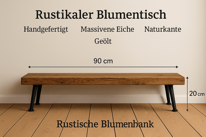 Rustikale Blumenbank aus massiver Eiche – Handgefertigter Pflanzenhocker | 60 / 90 / 120 cm | Geölt | Mit oder ohne Baumkante - Woodequipment24