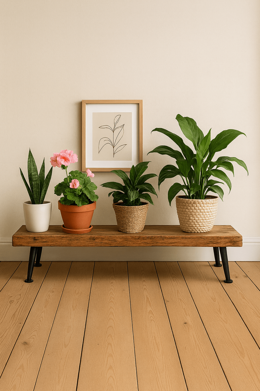 Rustikale Blumenbank aus massiver Eiche – Handgefertigter Pflanzenhocker | 60 / 90 / 120 cm | Geölt | Mit oder ohne Baumkante - Woodequipment24