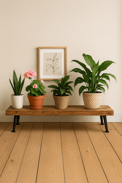 Rustikale Blumenbank aus massiver Eiche – Handgefertigter Pflanzenhocker | 60 / 90 / 120 cm | Geölt | Mit oder ohne Baumkante - Woodequipment24
