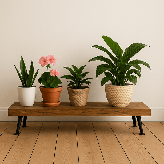 Rustikale Blumenbank aus massiver Eiche – Handgefertigter Pflanzenhocker | 60 / 90 / 120 cm | Geölt | Mit oder ohne Baumkante - Woodequipment24