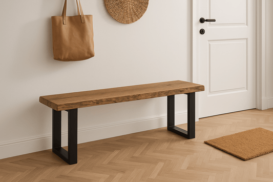 Rustikale Sitzbank aus massiver Eiche & Metallgestell – Esszimmerbank / Flurbank / Küchenbank handgefertigt - Woodequipment24
