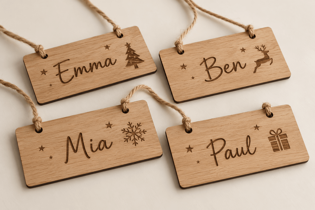 Säckchenschild – Namensschilder für Nikolaussäckchen im 4er-Set – Produktansicht mit Beispielgestaltung