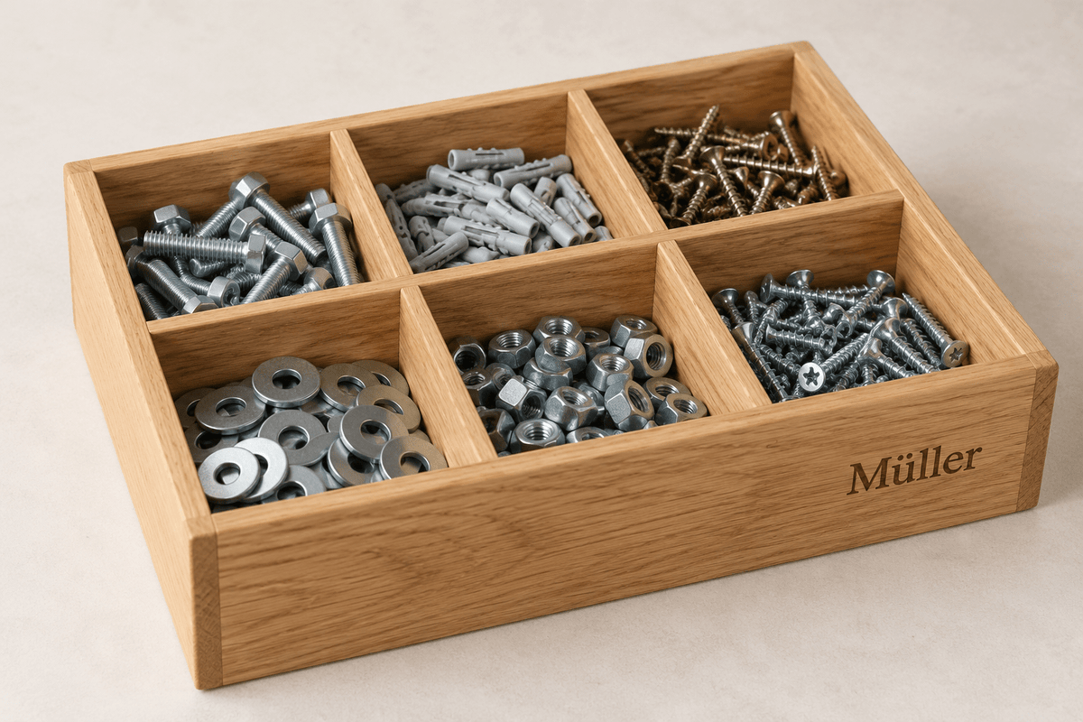 Schraubensortierer – Kleinteile-Box mit sechs Fächern aus Eiche – Produktansicht mit Beispielpersonalisierung