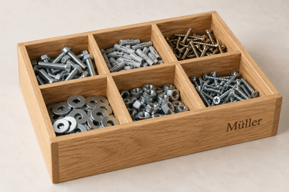Schraubensortierer – Kleinteile-Box mit sechs Fächern aus Eiche – Produktansicht mit Beispielpersonalisierung
