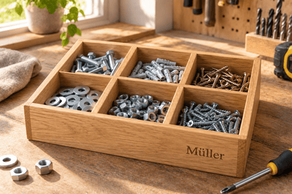 Schraubensortierer – Kleinteile-Box mit sechs Fächern aus Eiche im Einsatz