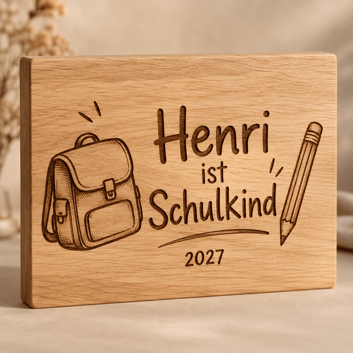 Schulkindstolz – Personalisierte Einschulungs-Tafel, Produktansicht; digitale Gestaltungsvisualisierung