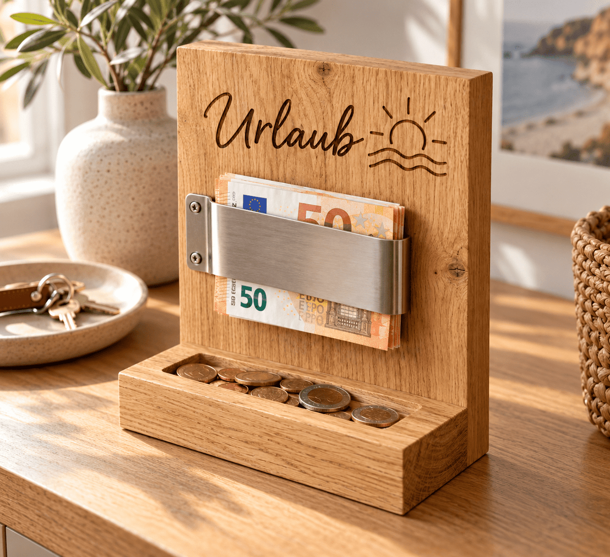 Spardosenplatz – Sparziel-Tafel mit Geldklammer aus Eiche im Einsatz