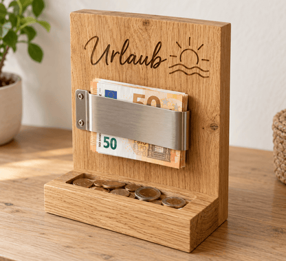 Spardosenplatz – Sparziel-Tafel mit Geldklammer aus Eiche – Produktansicht mit Beispielpersonalisierung