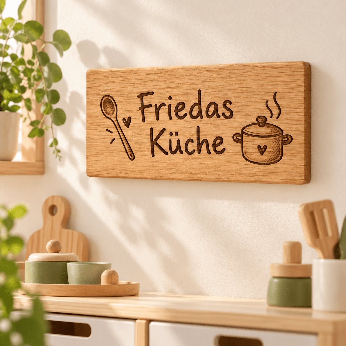 Spielküche – Namensschild für die Kinderküche, Kinderzimmer-Beispiel; digitale Gestaltungsvisualisierung