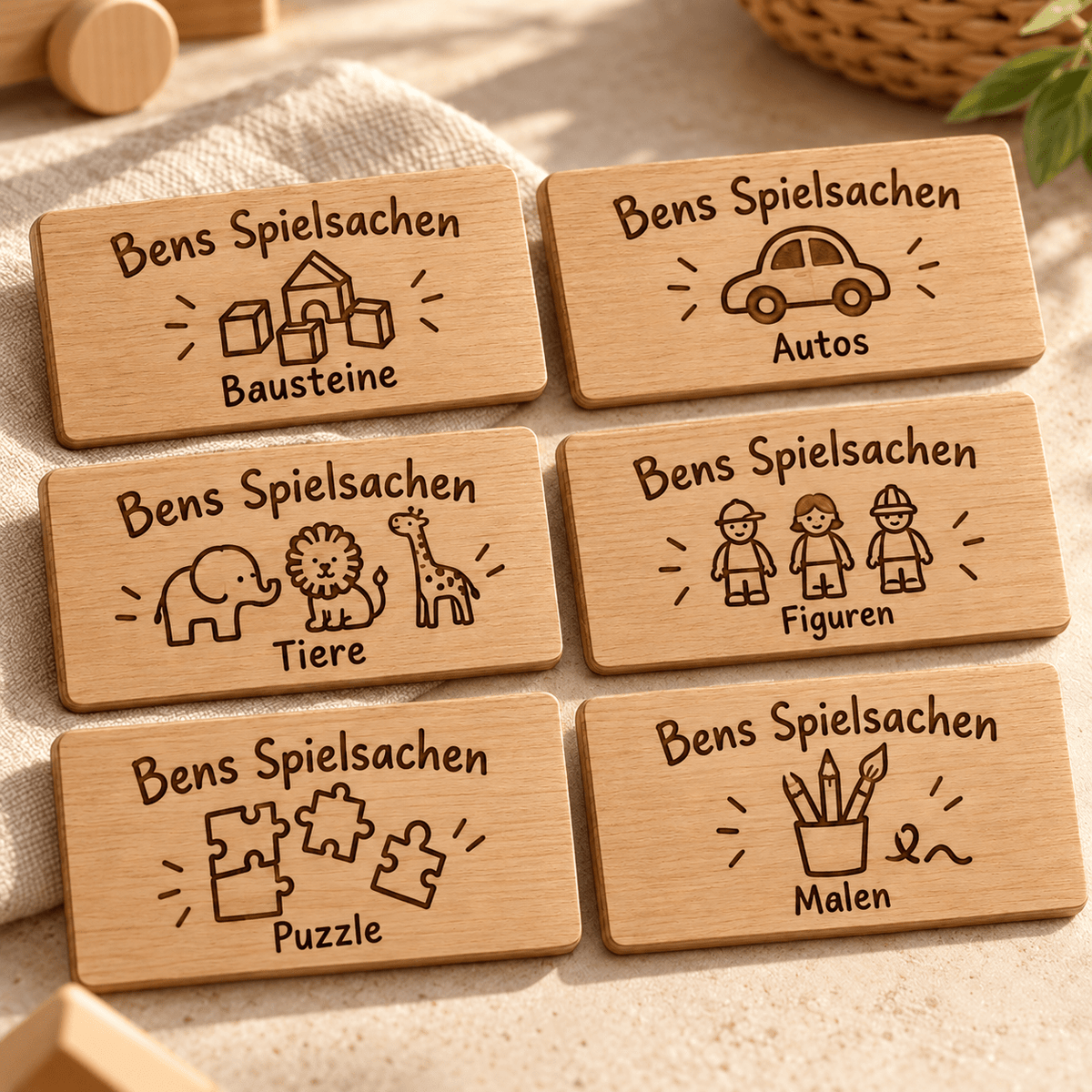 Spielzeugordnung – Personalisierte Kistenschilder im 6er-Set, Gravur und Holzdetail; digitale Gestaltungsvisualisierung