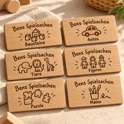 Spielzeugordnung – Personalisierte Kistenschilder im 6er-Set, Gravur und Holzdetail; digitale Gestaltungsvisualisierung