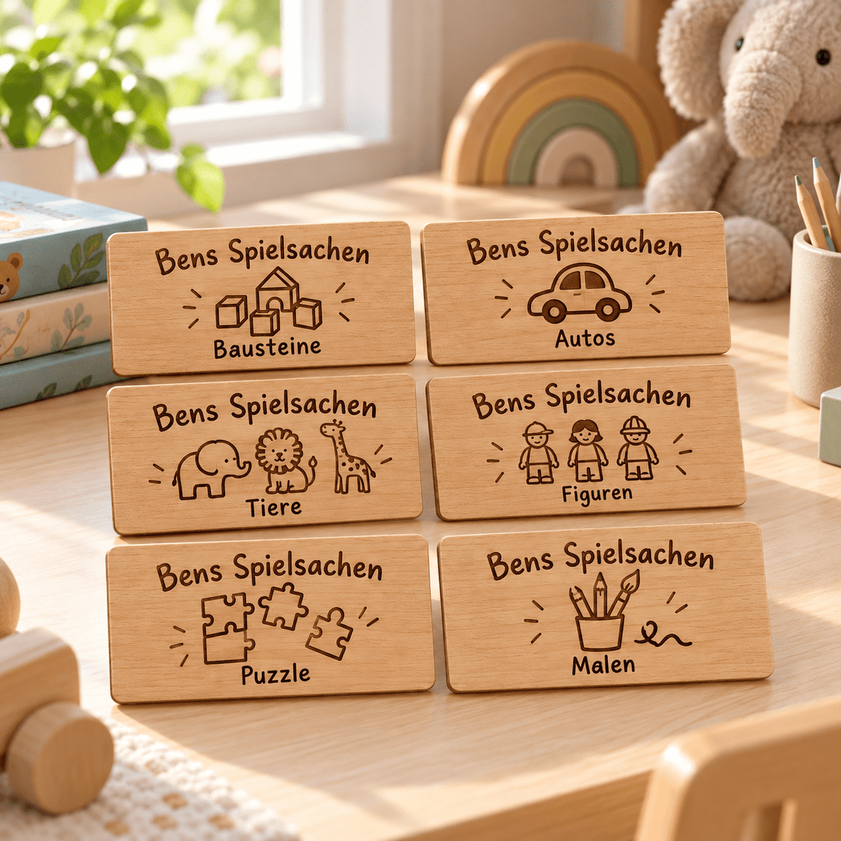 Spielzeugordnung – Personalisierte Kistenschilder im 6er-Set, Kinderzimmer-Beispiel; digitale Gestaltungsvisualisierung