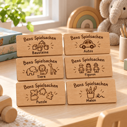 Spielzeugordnung – Personalisierte Kistenschilder im 6er-Set, Kinderzimmer-Beispiel; digitale Gestaltungsvisualisierung
