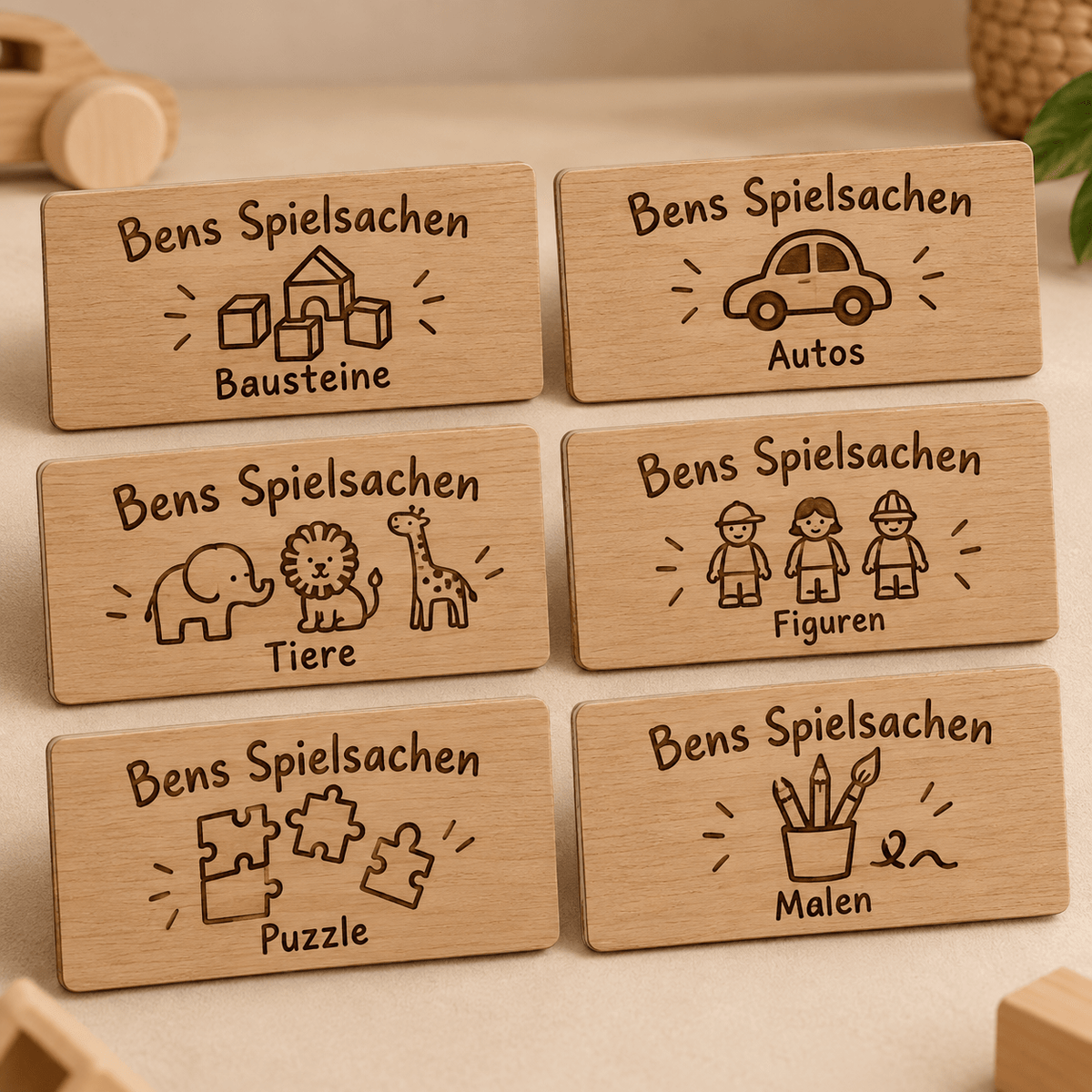 Spielzeugordnung – Personalisierte Kistenschilder im 6er-Set, Produktansicht; digitale Gestaltungsvisualisierung