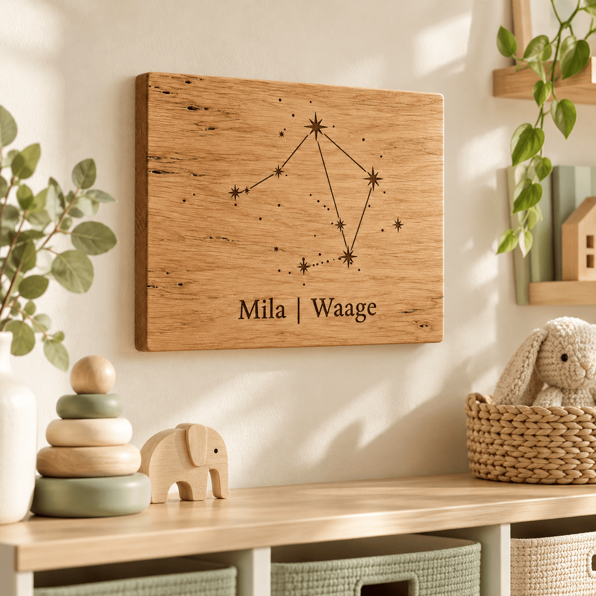 Sternzeichenkind – Personalisierte Sternbild-Tafel, Kinderzimmer-Beispiel; digitale Gestaltungsvisualisierung