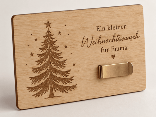 Tannenbudget – Weihnachts-Geldgeschenkkarte mit Clip – Produktansicht mit Beispielgestaltung