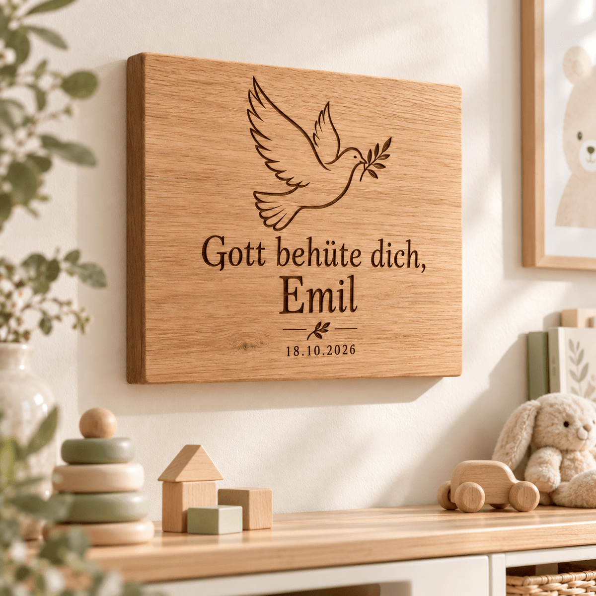 Taufsegen – Personalisiertes Taufschild aus Eiche, Kinderzimmer-Beispiel; digitale Gestaltungsvisualisierung
