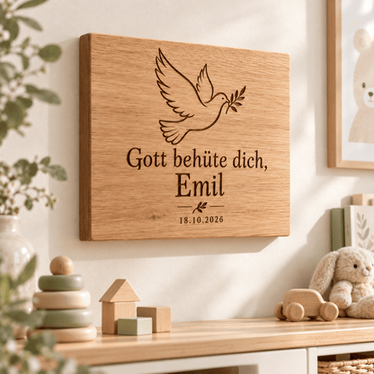 Taufsegen – Personalisiertes Taufschild aus Eiche, Kinderzimmer-Beispiel; digitale Gestaltungsvisualisierung