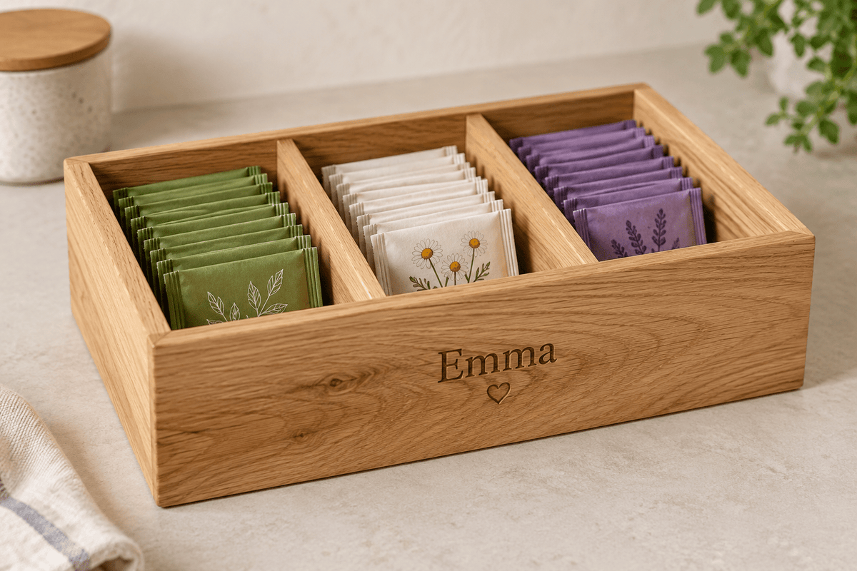 Teestation – Teebox ohne Deckel aus Eiche – Produktansicht mit Beispielpersonalisierung