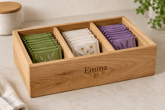 Teestation – Teebox ohne Deckel aus Eiche – Produktansicht mit Beispielpersonalisierung