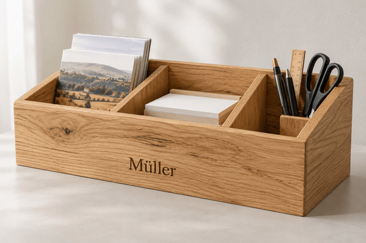 Thekenordnung – Theken-Organizer aus Eiche – Produktansicht mit Beispielpersonalisierung