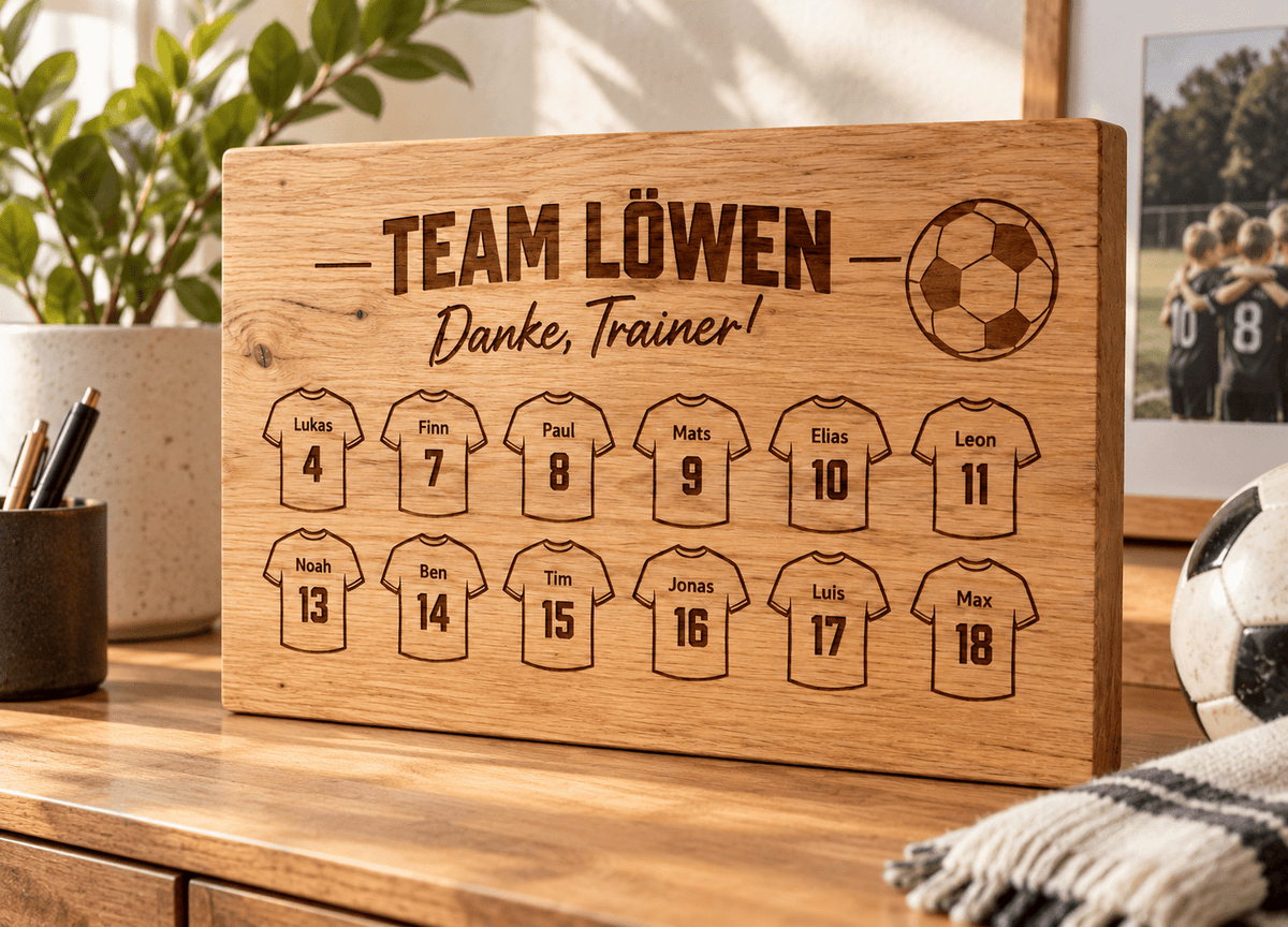 Trainermoment – Trainer-Geschenktafel aus Eiche im Einsatz