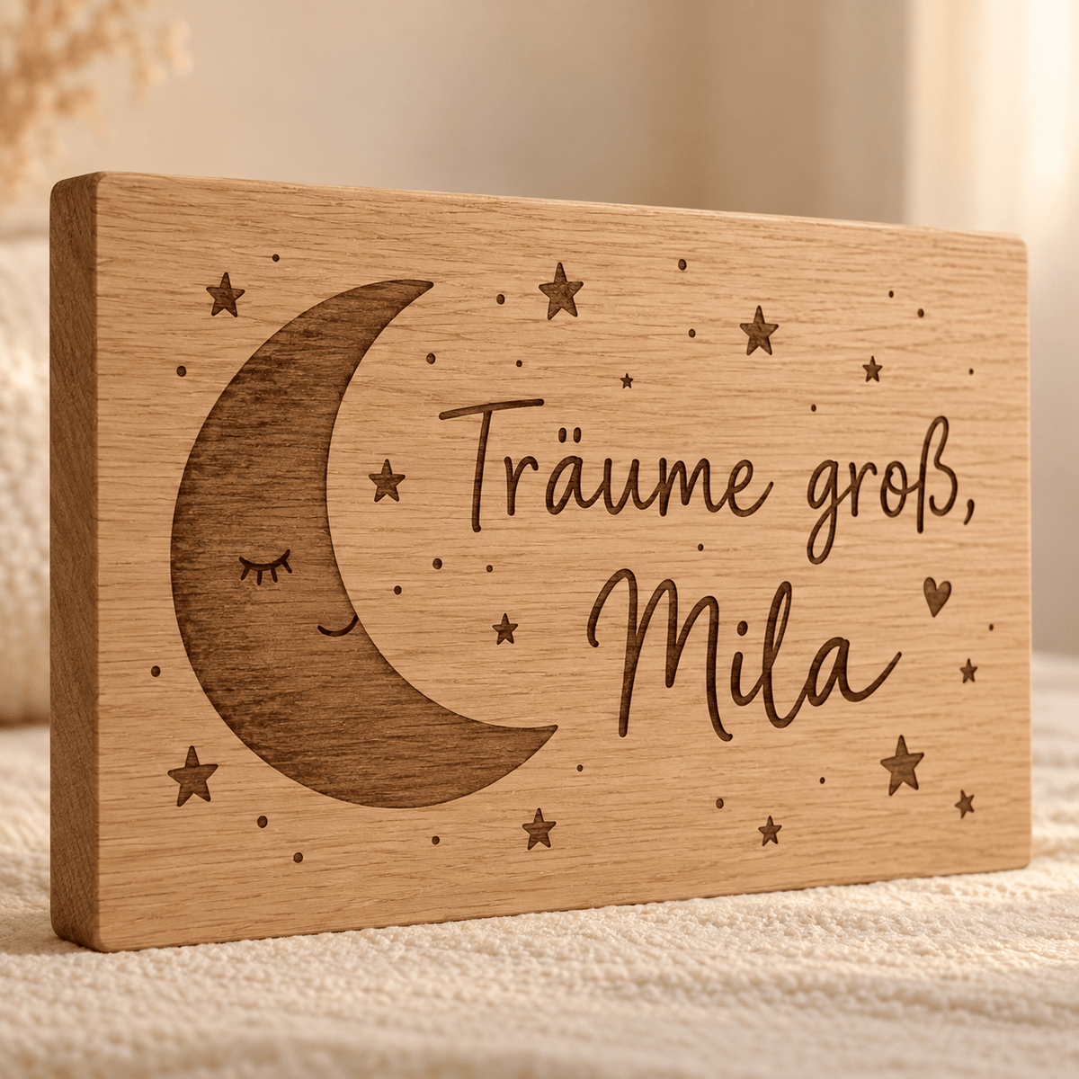 Traumspruch – Kinderzimmer-Spruchtafel mit Namen, Produktansicht; digitale Gestaltungsvisualisierung