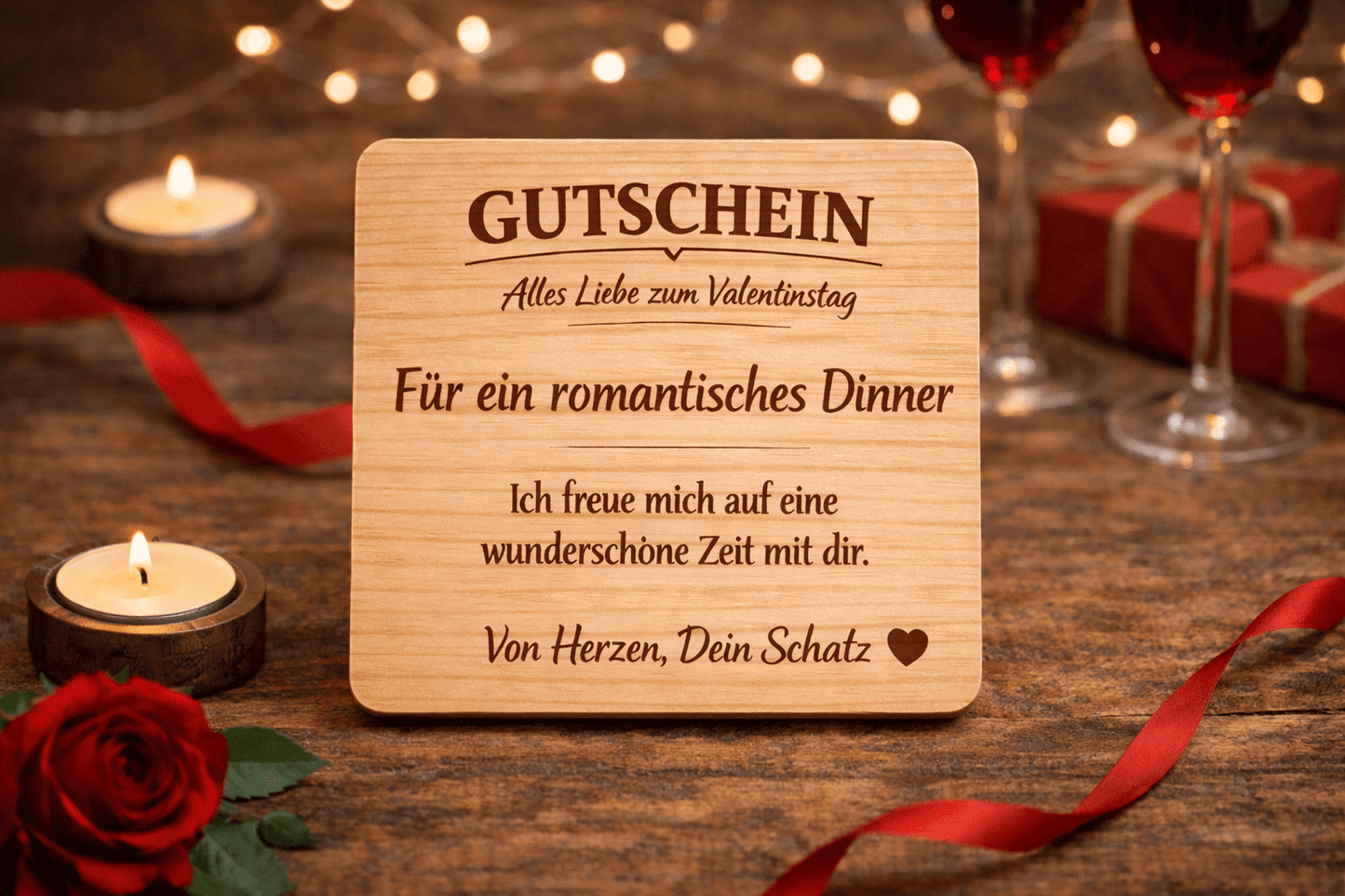 Valentinstag Holz Gutschein - Geschenk aus Holz – Lasergraviertes Brett – Romantischer Gutschein - Woodequipment24