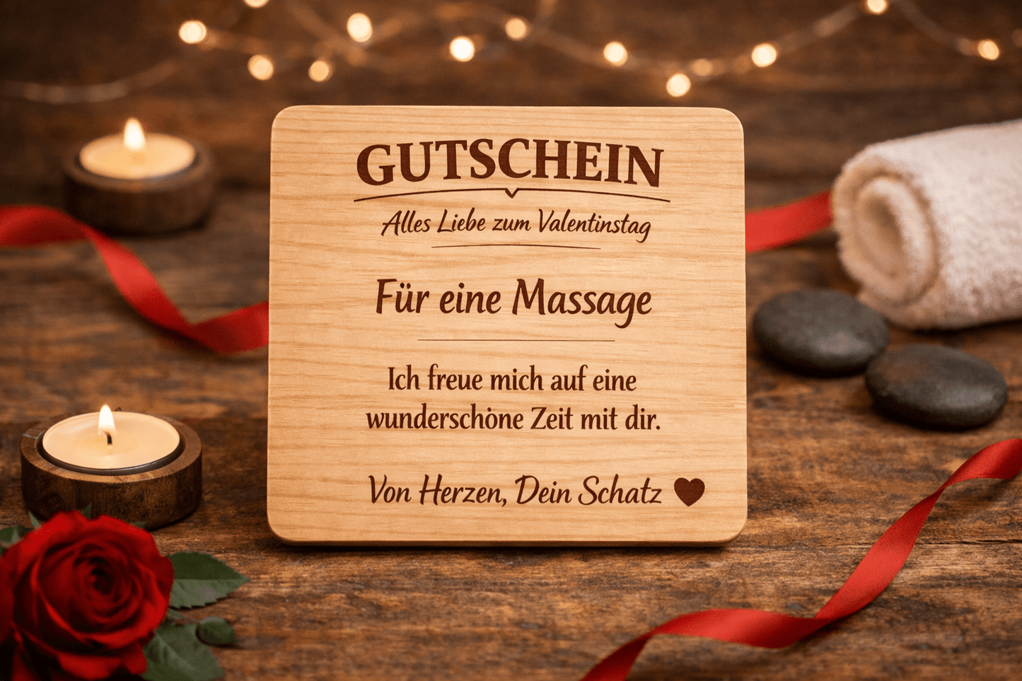 Valentinstag Holz Gutschein - Geschenk aus Holz – Lasergraviertes Brett – Romantischer Gutschein - Woodequipment24