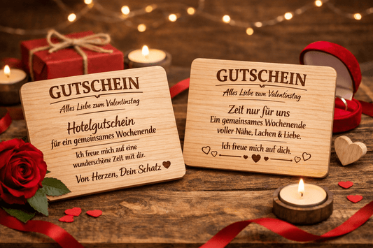 Valentinstag Holz Gutschein - Geschenk aus Holz – Lasergraviertes Brett – Romantischer Gutschein - Woodequipment24