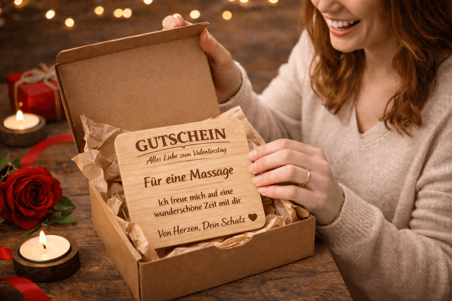 Valentinstag Holz Gutschein - Geschenk aus Holz – Lasergraviertes Brett – Romantischer Gutschein - Woodequipment24