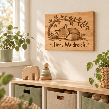 Waldreich – identisches Fuchs-Namensschild aus Eiche, Kinderzimmeransicht; Gestaltungsvisualisierung