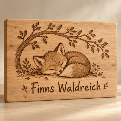 Waldreich – Fuchs-Namensschild aus Eiche; Produktvisualisierung