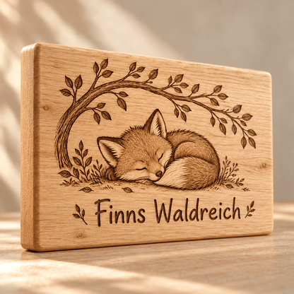 Waldreich – identisches Fuchs-Namensschild aus Eiche, Gravurdetail; Gestaltungsvisualisierung