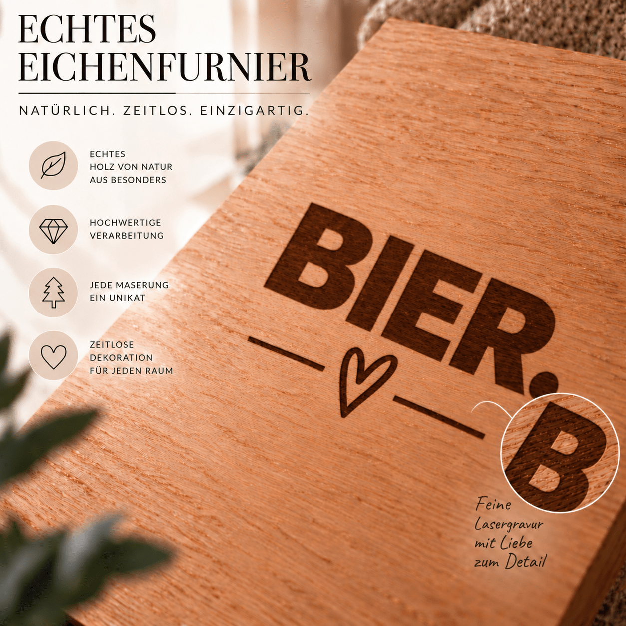 Wandbild aus Eichenfurnier – 50 × 70 cm | Lasergravur Bier - Wood-24