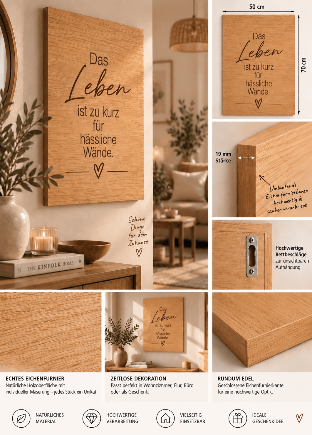 Wandbild aus Eichenfurnier – 50 × 70 cm | Lasergravur Das Leben... - Wood-24
