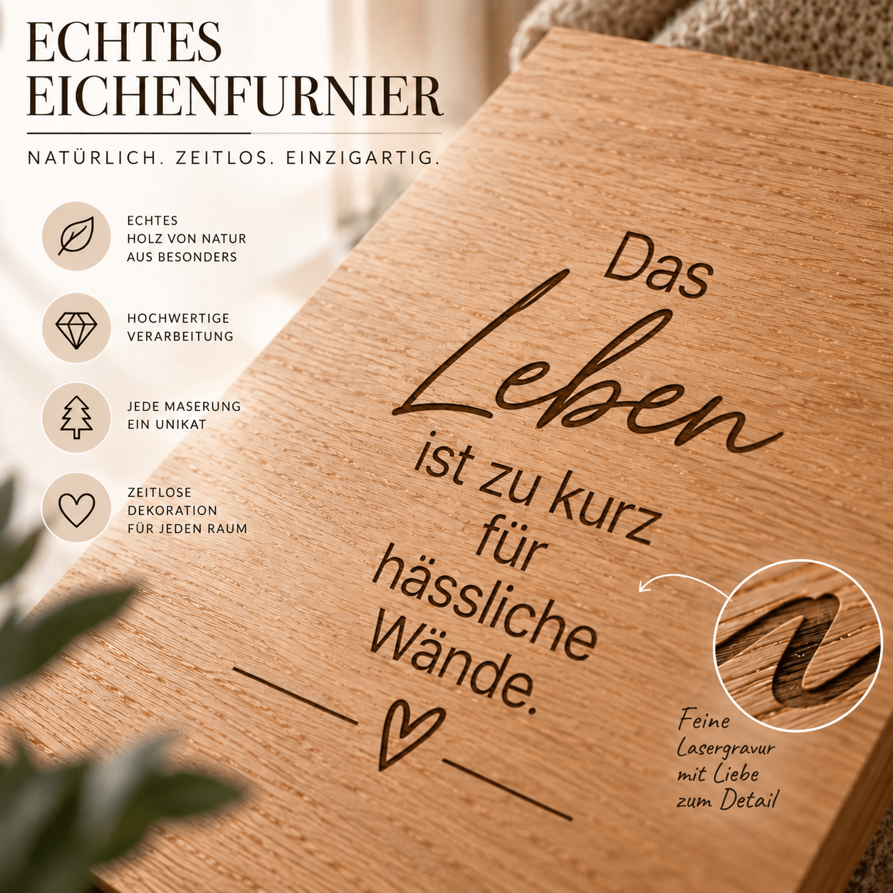 Wandbild aus Eichenfurnier – 50 × 70 cm | Lasergravur Das Leben... - Wood-24