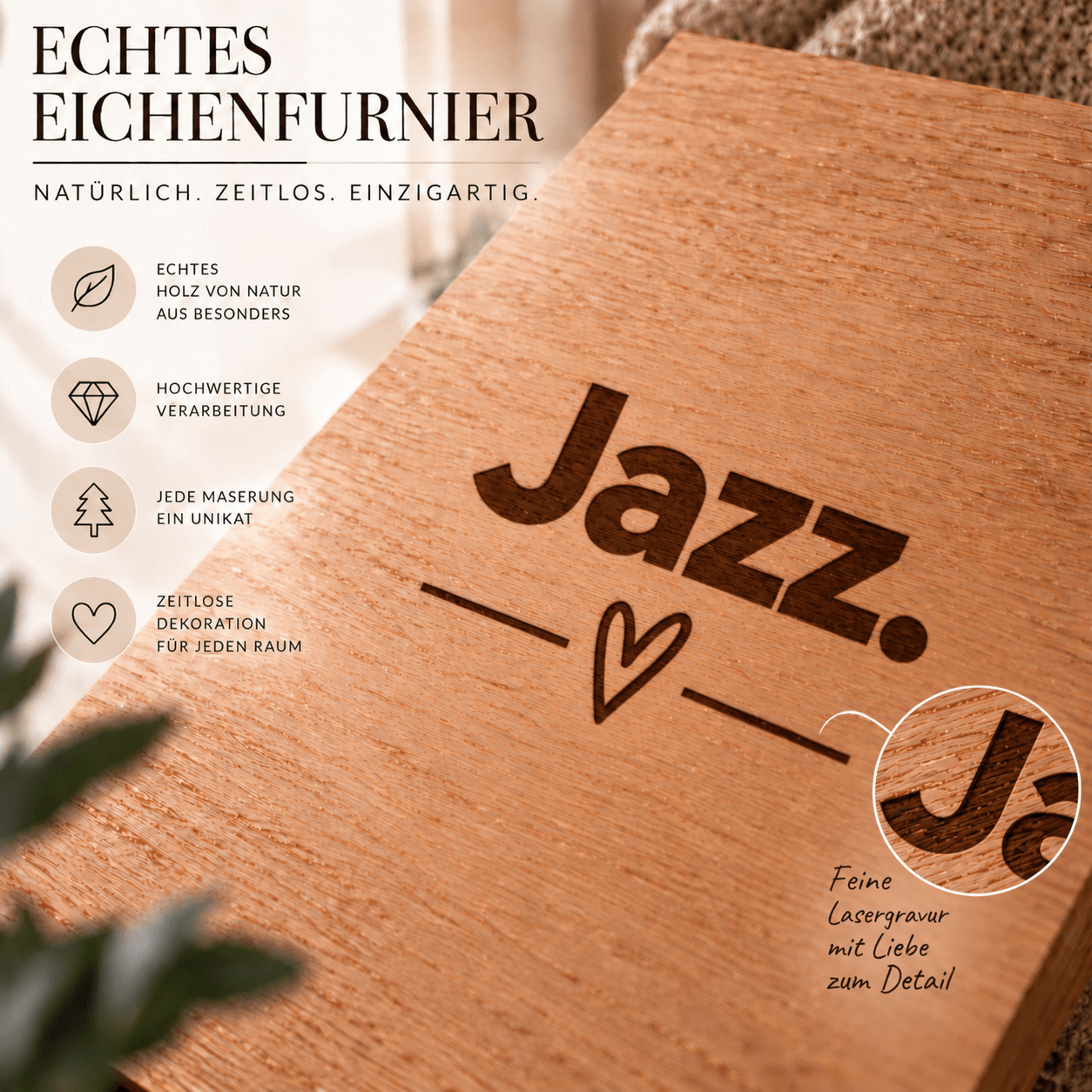 Wandbild aus Eichenfurnier – 50 × 70 cm | Lasergravur Das Leben... Jazz - Wood-24
