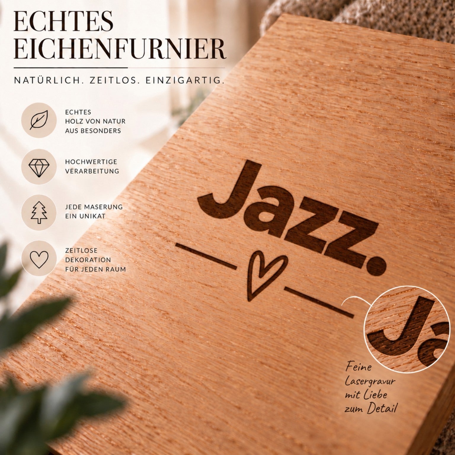 Wandbild aus Eichenfurnier – 50 × 70 cm | Lasergravur Das Leben... Jazz - Wood-24