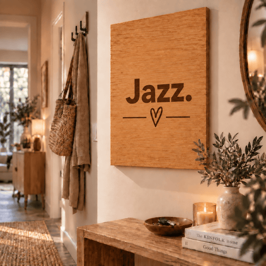 Wandbild aus Eichenfurnier – 50 × 70 cm | Lasergravur Das Leben... Jazz - Wood-24