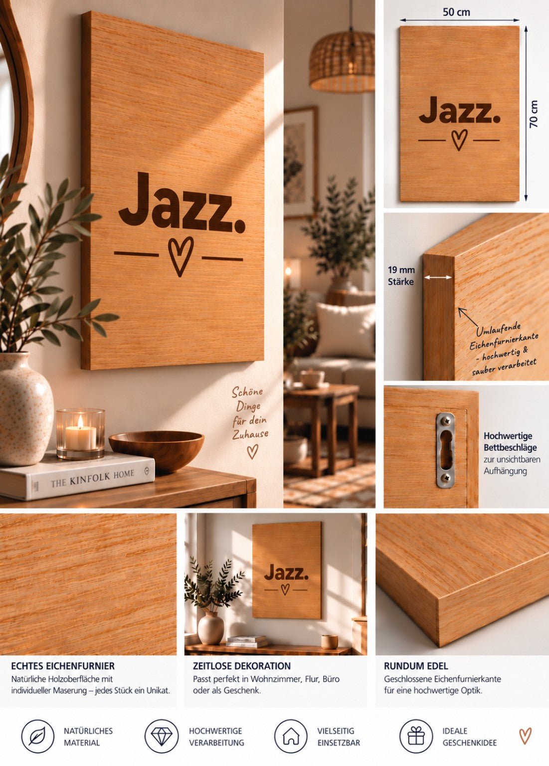 Wandbild aus Eichenfurnier – 50 × 70 cm | Lasergravur Das Leben... Jazz - Wood-24