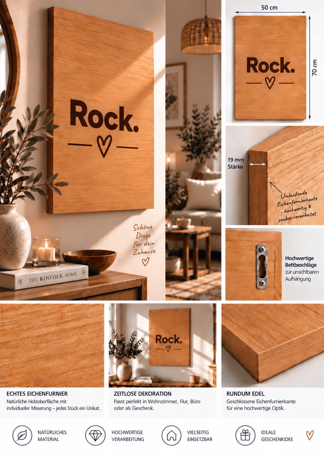 Wandbild aus Eichenfurnier – 50 × 70 cm | Lasergravur Rock - Wood-24