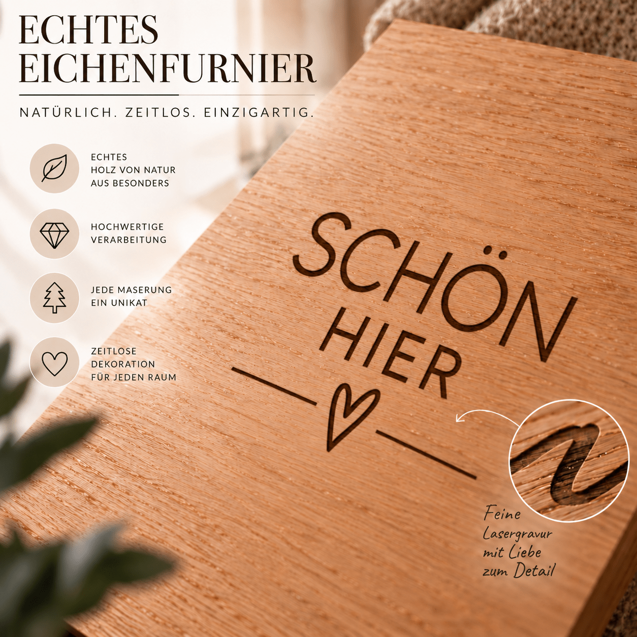 Wandbild aus Eichenfurnier – 50 × 70 cm | Lasergravur Schön Hier - Wood-24