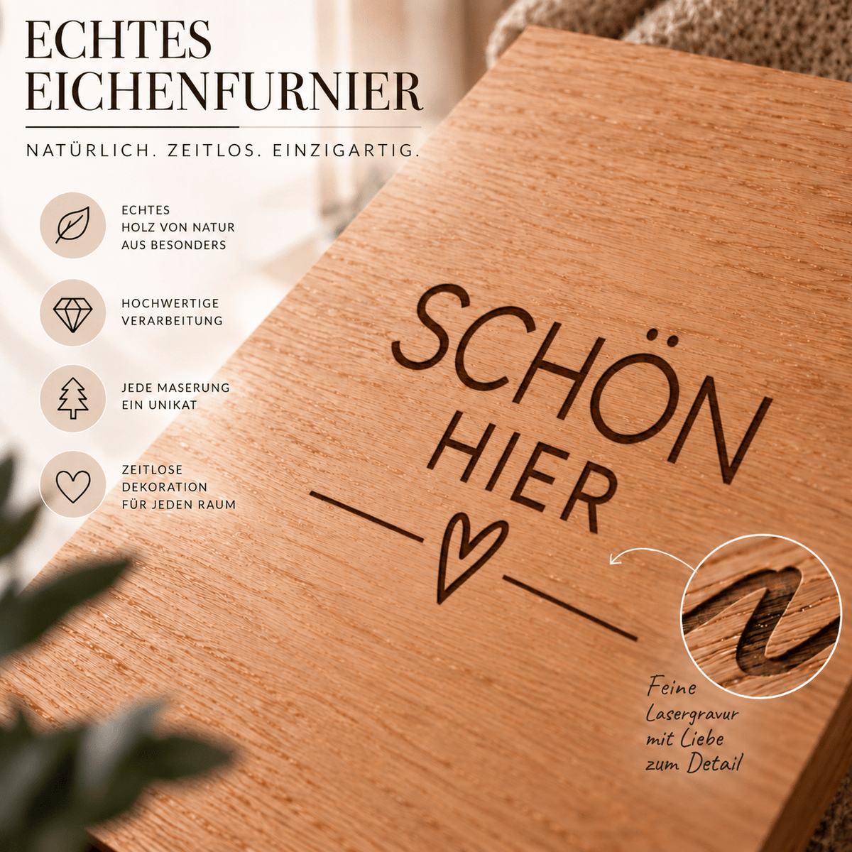 Wandbild aus Eichenfurnier – 50 × 70 cm | Lasergravur Schön Hier - Wood-24