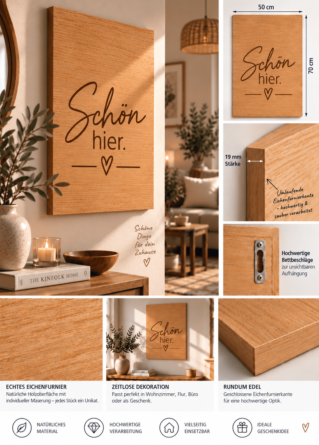 Wandbild aus Eichenfurnier – 50 × 70 cm | Lasergravur Schön Hier - Wood-24